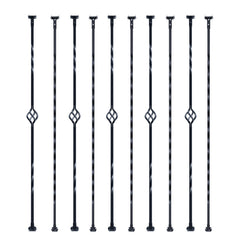 Staircase Metal Balusters, 44'' x 1/2" Galvanized Steel Decorative Banister Spindles, 10 Pack Deck Baluster with Hollow Single Baskets, Twists, Spiral Stair Railing w/ Shoes & Screws