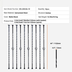 Staircase Metal Balusters, 44'' x 1/2" Galvanized Steel Decorative Banister Spindles, 10 Pack Deck Baluster with Hollow Single Baskets, Twists, Spiral Stair Railing w/ Shoes & Screws