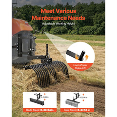 106.7cm Tow Behind Landscape Rake, 3-Point Lawn Rock Rake with Blade & Lift Lever, Fit Category 1 ATVs UTVs Lawn Tractors, Heavy Duty Dethatcher Rake for Debris Leaves Thatch