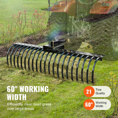 Tow Behind Landscape Rake, 1.5m Tow Dethatcher with 21 Steel Coil Tines, Lawn Dethatcher Rake Attaches to 1.2m or 15m Toolbars and 3-point Suspension Systems, for Leaves, Pine Needles, and Grass