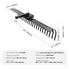 Tow Behind Landscape Rake, 1.5m Tow Dethatcher with 21 Steel Coil Tines, Lawn Dethatcher Rake Attaches to 1.2m or 15m Toolbars and 3-point Suspension Systems, for Leaves, Pine Needles, and Grass