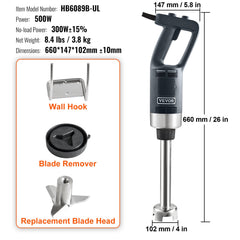 Commercial Immersion Blender, 500 Watt Heavy Duty Hand Mixer, Variable Speed Kitchen Stick Mixer with 304 Stainless Steel Blade, Multi-Purpose Portable Mixer for Soup, Smoothie, Puree, Baby Food