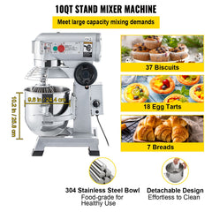Professional Kitchen Mixer, 10Qt Capacity with Timer, 450W Stainless Steel Bowl Durable Electric Mixer for Commercial Use, 3 Speed Options 113/184/341 RPM, Includes Dough Hook & Whisk