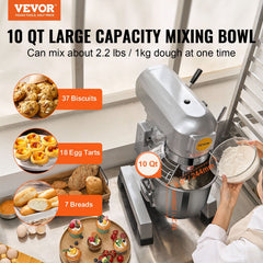 Commercial Food Mixer, 10L Commercial Stand Mixer with 3 Adjustable Speeds, 550W Dough Mixer with Stainless Steel Bowl and 3 Mixing Attachments, Ideal for Restaurant, Bakery, Pastry shop, Cafe