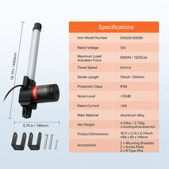 Linear Actuator 12V, 10 Inch Heavy Duty 1320lbs/6000N Linear Actuator, 0.19"/s Linear Motion Actuator with Mounting Bracket & IP44 Protection for Electric Door Industrial Machinery Vessels Cargo
