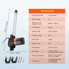 Linear Actuator 12V, 12 Inch Heavy Duty 1320lbs/6000N Linear Actuator, 0.19"/s Linear Motion Actuator with Mounting Bracket & IP44 Protection for Electric Door Industrial Machinery Vessels Cargo