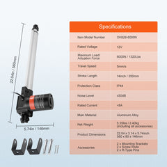 Linear Actuator 12V, 14 Inch Heavy Duty 1320lbs/6000N Linear Actuator, 0.19"/s Linear Motion Actuator with Mounting Bracket & IP44 Protection for Electric Door Industrial Machinery Vessels Cargo