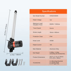 Linear Actuator 12V, 16 Inch Heavy Duty 1320lbs/6000N Linear Actuator, 0.19"/s Linear Motion Actuator with Mounting Bracket & IP44 Protection for Electric Door Industrial Machinery Vessels Cargo