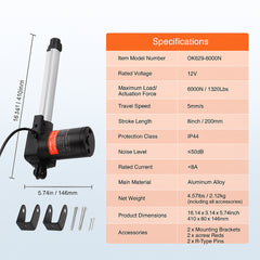 Linear Actuator 12V, 8 Inch Heavy Duty 1320lbs/6000N Linear Actuator, 0.19"/s Linear Motion Actuator with Mounting Bracket & IP44 Protection for Electric Door Industrial Machinery Vessels Cargo