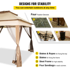 Outdoor Canopy Gazebo Tent, Portable Canopy Shelter with 11\'x11\' Large Shade Space for Party, Backyard, Patio Lawn and Garden, 4 Sandbags, Carrying Bag and Netting Included, Brown