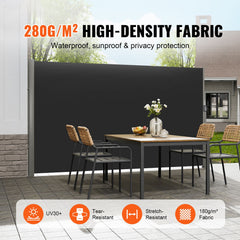 Retractable Side Awning, 160X300cm Aluminum Outdoor Privacy Screen, 280g Polyester Water-proof Retractable Patio Screen, UV 30+ Room Divider Wind Screen for Patio, Backyard, Balcony, Black