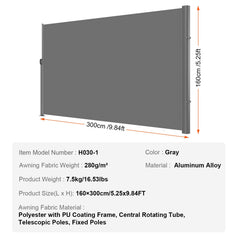 Retractable Side Awning, 160X300m Aluminum Outdoor Privacy Screen, 280g Polyester Water-proof Retractable Patio Screen, UV 30+ Room Divider Wind Screen for Patio, Backyard, Balcony, Gray