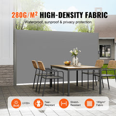 Retractable Side Awning, 180X300cm Aluminum Outdoor Privacy Screen, 280g Polyester Water-proof Retractable Patio Screen, UV 30+ Room Divider Wind Screen for Patio, Backyard, Balcony, Gray