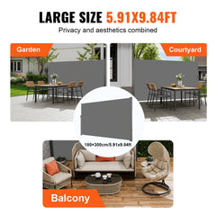 Retractable Side Awning, 180X300cm Aluminum Outdoor Privacy Screen, 280g Polyester Water-proof Retractable Patio Screen, UV 30+ Room Divider Wind Screen for Patio, Backyard, Balcony, Gray