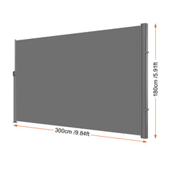 Retractable Side Awning, 180X300cm Aluminum Outdoor Privacy Screen, 280g Polyester Water-proof Retractable Patio Screen, UV 30+ Room Divider Wind Screen for Patio, Backyard, Balcony, Gray