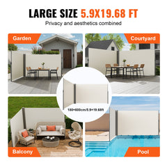 Retractable Side Awning, 180X600cm Aluminum Outdoor Privacy Screen, 280g Polyester Water-proof Retractable Patio Screen, UV 30+ Room Divider Wind Screen for Patio, Backyard, Balcony, Beige