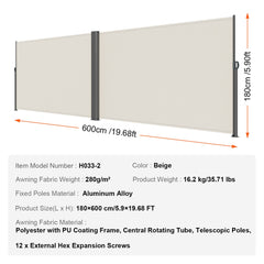 Retractable Side Awning, 180X600cm Aluminum Outdoor Privacy Screen, 280g Polyester Water-proof Retractable Patio Screen, UV 30+ Room Divider Wind Screen for Patio, Backyard, Balcony, Beige