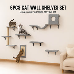 Wall Mounted Cat Shelves, Cat Wall Shelves and Perches with Jumping Boards, Hammock, Sofa, Cat Tree & Cat Grip, Cat Furniture and Shelves up to 40 lbs for Sleeping, Playing, Climbing, Set of 6