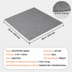 Carpet Tiles Peel and Stick, Squares Self Adhesive Carpet Floor Tile, Soft Padded Carpet Tiles, Easy Install DIY for Bedroom Living Room Indoor Outdoor (9Tiles, Light Gray)