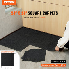 Carpet Tiles Peel and Stick, 24” x 24” Squares Self Adhesive Carpet Floor Tile, Soft Padded Carpet Tiles, Easy Install DIY for Bedroom Living Room Indoor Outdoor (15Tiles, Carbon Black)
