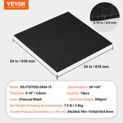 Carpet Tiles Peel and Stick, 24” x 24” Squares Self Adhesive Carpet Floor Tile, Soft Padded Carpet Tiles, Easy Install DIY for Bedroom Living Room Indoor Outdoor (15Tiles, Carbon Black)