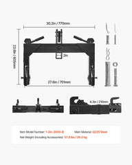 3-Point Quick Hitch with 2 in Receiver, 3000 Lbs Lift Capacity, 3-Pt Hitch with 5 Level Adjustable Bolt, Adaptation to Category 1 & 2 Tractor, Heavy Duty 3 Point Attachments, Black
