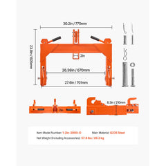 3-Point Quick Hitch with 2 in Receiver, 3000 Lbs Lift Capacity, 3-Pt Hitch with 5 Level Adjustable Bolt, Adaptation to Category 1 & 2 Tractor, Heavy Duty 3 Point Attachments, Orange