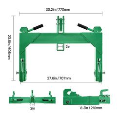 3-Point Quick Hitch with 2 in Receiver, 3000 Lbs Lift Capacity, 3-Pt Hitch with 5 Level Adjustable Bolt, Adaptation to Category 1 & 2 Tractor, Heavy Duty 3 Point Attachments, Green
