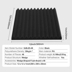 Acoustic Foam Panels 48 Pack 12 x 12 x 1 in Adhesive for Wall Ceiling