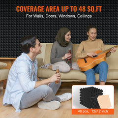 Acoustic Foam Panels 48 Pack 12 x 12 x 2 in Adhesive for Wall Ceiling