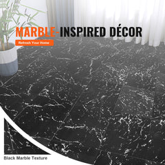 Self Adhesive Vinyl Floor Tiles 12 x 12 inch, 50 Tiles 1.5mm Thick Peel & Stick, Black Marble Texture DIY Flooring for Kitchen, Dining Room, Bedrooms & Bathrooms, Easy for Home Decor