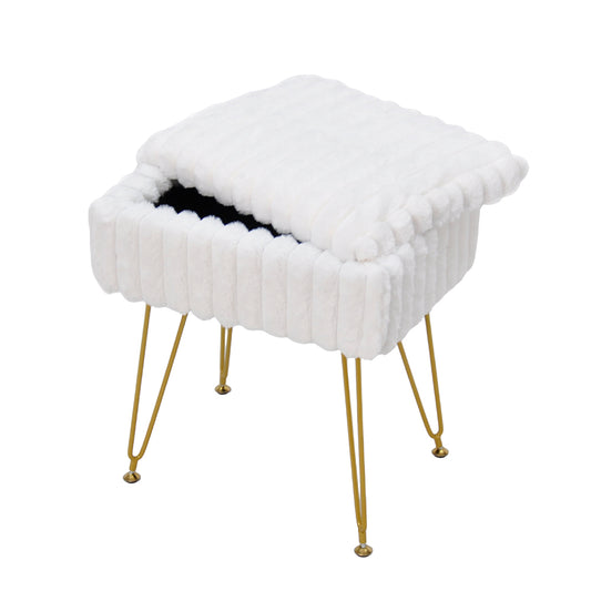 Vanity Stool Chair with Hidden Storage for Dresser Makeup Soft Faux Fur Flip Top Ottoman Foot Rest with 360 Adjustable Feet for Bedroom Living Room White