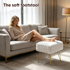 Vanity Stool Chair with Hidden Storage for Dresser Makeup Soft Faux Fur Flip Top Ottoman Foot Rest with 360 Adjustable Feet for Bedroom Living Room White