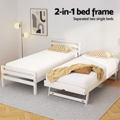 Artiss Bed Frame Single Size 2-in-1 Trundle Wooden White AVIS