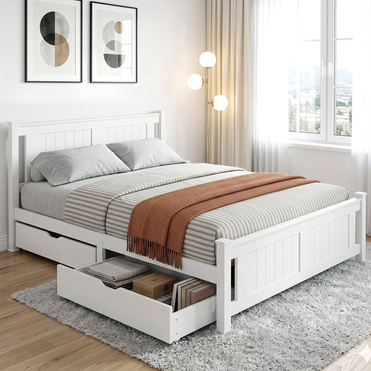 Artiss Bed Frame Double Size Wooden Platform with 2 Storage Drawers White RIO