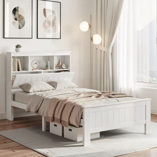 Artiss Bed Frame King Single Size Wooden with 3 Shelves Bed Head White