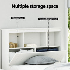 Artiss Bed Frame King Single Size Wooden with 3 Shelves Bed Head White