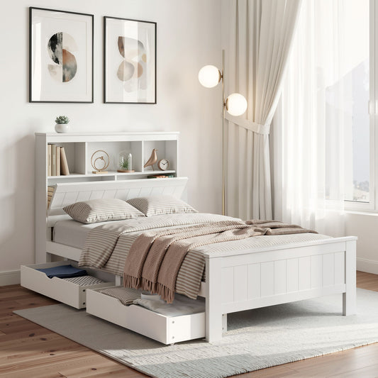 Artiss Bed Frame King Single Size Wooden with 2 Storage Drawers White