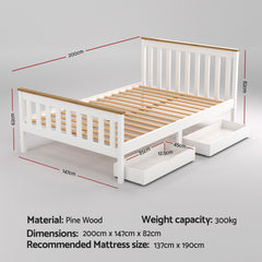 Artiss Bed Frame Double Size Wooden Platform with 2 Storage Drawers White PONY