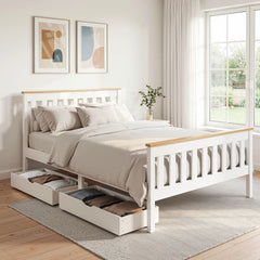 Artiss Bed Frame Double Size Wooden Platform with 2 Storage Drawers White PONY