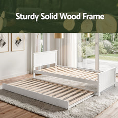 Artiss Single Bed Frame with Trundle Solid Wood Toddler Bunk Bed with Headboard White