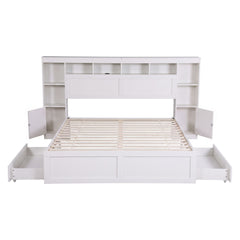 Artiss Queen Bed Frame with Storage Bookcase Headboard, USB & Type-C Ports & Drawers White