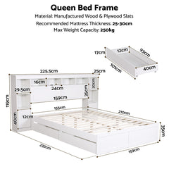 Artiss Queen Bed Frame with Storage Bookcase Headboard, USB & Type-C Ports & Drawers White