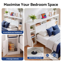 Artiss Queen Bed Frame with Storage Bookcase Headboard, USB & Type-C Ports & Drawers White