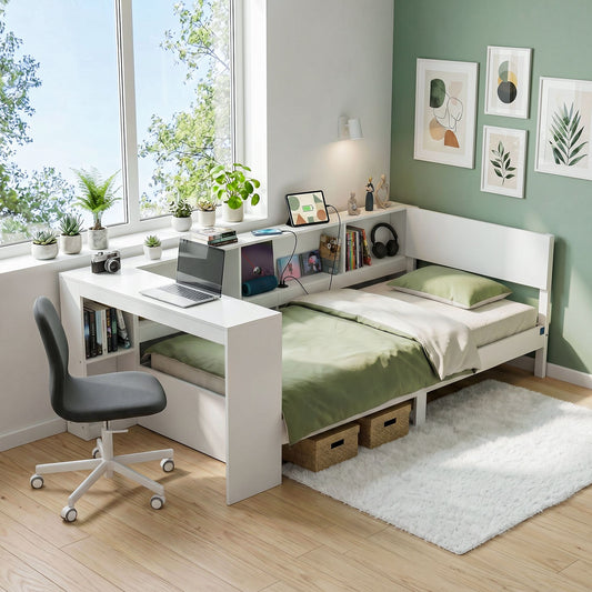 Artiss White Single Solid Wood Corner Platform Bed Frame with Built-in Desk, Storage Shelves and USB-C Charging Station for Small Spaces, Wooden Bed Base for Guest Room