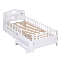 Artiss Single Bed Frame with 2 Storage Drawers, Montessori Bed with Headboard, 2 USB Ports & Led Light, Solid Wood Platform Bed Base with Safety Rail & Ladder, 31CM Under-Bed Storage, White