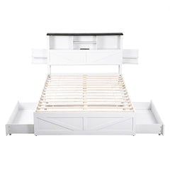 Artiss Double Bed Frame with Storage Drawers White Platform Bedframe with Bookcase Headboard Charging Station Led Light