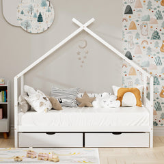 Artiss Bed Frame Wooden Base Kids Single Timber House with 2 Storage Drawers Beds White