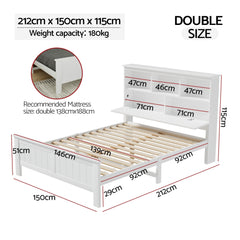 Artiss Bed Frame Double Size Wooden with 3 Shelves Bed Head White