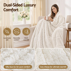 Giselle Faux Fur Weighted Blanket 2 Sided Long Pile Sherpa Reverse Cream 9KG 152 x 203cm